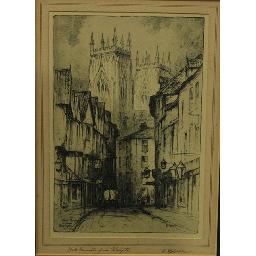 102 - A set of three early 20th century prints, F. Robson, York Minster from Petergate, Truro Cathedral an... 