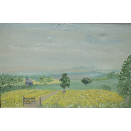 109 - Rhoda Hartley
The Mustard Fields of Madingley
signed, oil on canvas, 49cm x 75cm