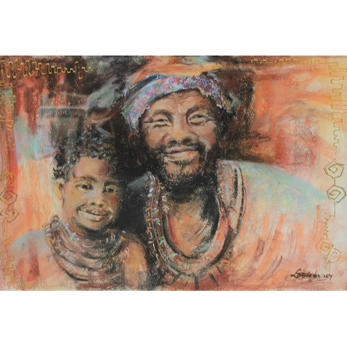 181 - Estelle Hartley, Zulu Father and Son Family Group, signed, pastel and mixed media, 46cm x 68cm