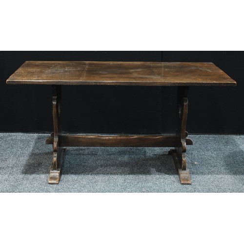 158 - An oak dining room suite, rectangular refectory table, 152.5cm x 7.5cm  six studded leather padded b... 