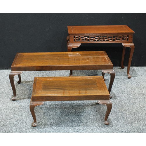 165 - A Chinese style hardwood coffee table, rectangular panel top, cabriole legs, 59cm high, 76cm wide; a... 