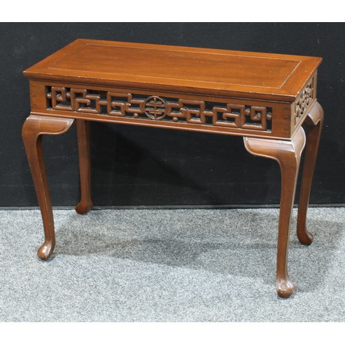 165 - A Chinese style hardwood coffee table, rectangular panel top, cabriole legs, 59cm high, 76cm wide; a... 