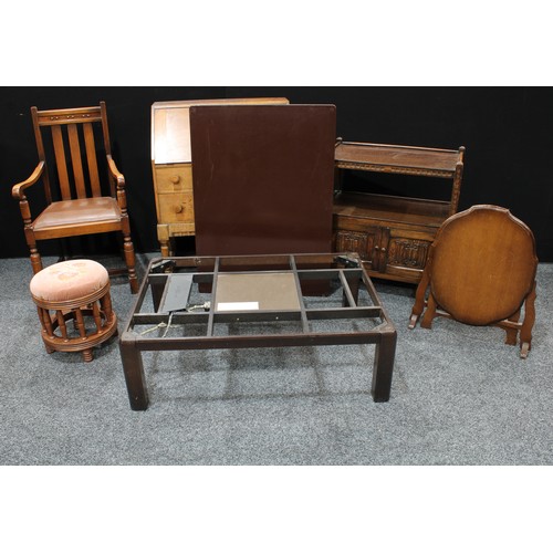 229 - A contemporary Japanese Hitachi Kotatsu; an oak serving trolley, linen-fold doors; oak bureau; foldi... 