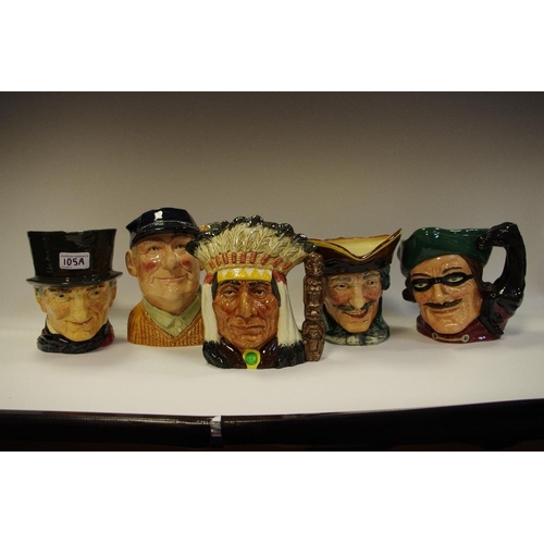 105A - Five Royal Doulton character jugs including North American Indian, The Cricketer; Dick Turpin anothe... 