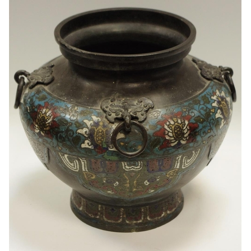 33 - A 19th century Japanese Cloisonné enamel vase, four loop handles, seal mark in relief to verso