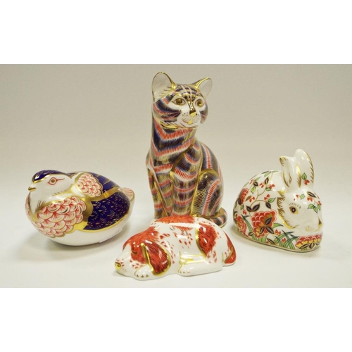 67 - Royal Crown Derby paperweights- Tom cat; Quail; Meadow Rabbit; Puppy, gold stoppers (4)