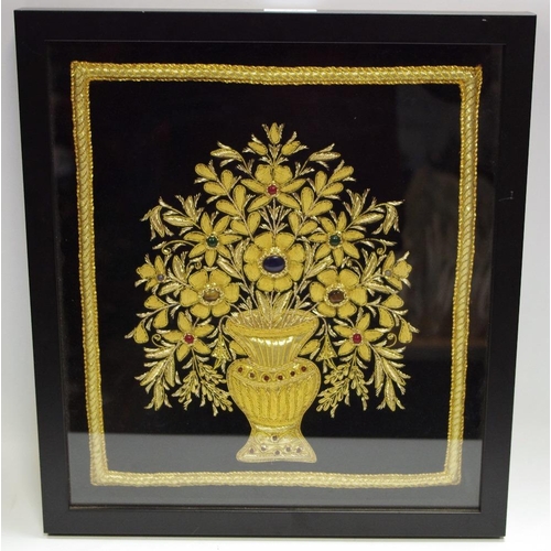 79 - An antique Indian gold bullion brocade still life, inset gemstone cabachons, framed