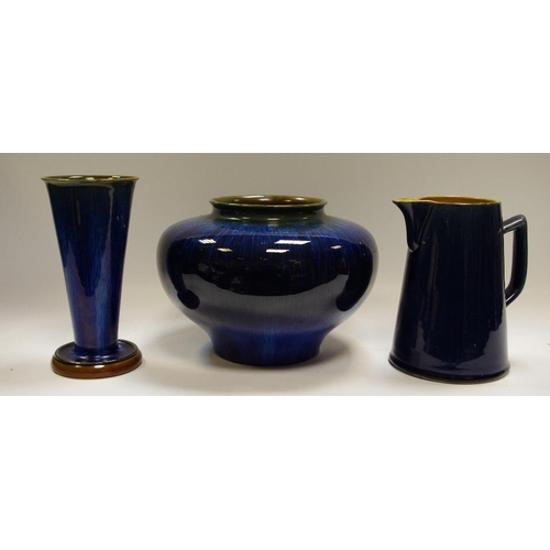 83 - A Denby Electric Blue compressed ovoid vase, 20cm high;  a similar trumpet shaped vase;  etc (3)