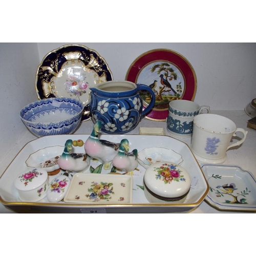 91 - Ceramics - a 19th century painted cabinet plate; pair of Royal Doulton dog pin trays; transfer print... 