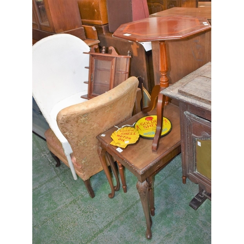 561 - An early 20th century oak framed chair; a reproduction nest of two tables; a similar wine table; mir... 