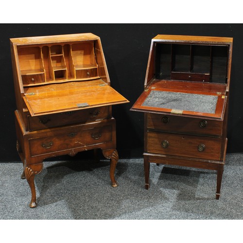 296 - A 20th century walnut and mahogany bureau, fall front enclosing pigeonholes and small drawers above ... 