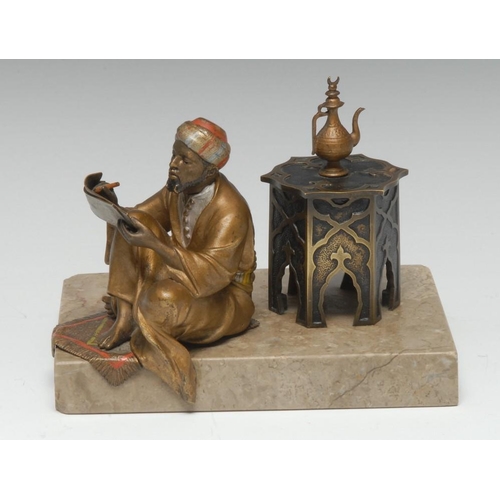 1219 - Franz Xavier Bergman (1861-1936), an  Austrian cold painted bronze inkwell, modelled as a young Arab... 