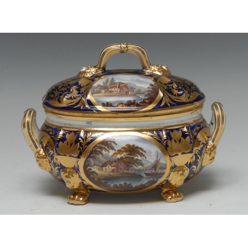 131 - A Derby Named View two-handled lobed ovoid sauce tureen and cover, decorated with On the River Trent... 