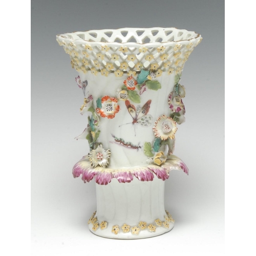 134 - A Derby Patch Mark Frill vase, of waisted wrythen cylindrical form, applied with garlands of flowers... 