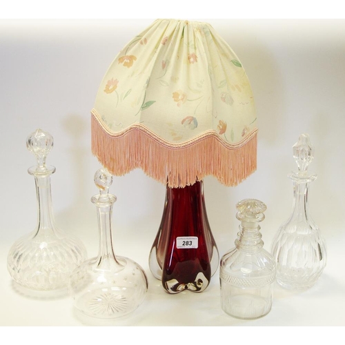 283 - Glass - a Murano style ruby and clear glass table lamp; Victorian cut glass decanter; others (5)