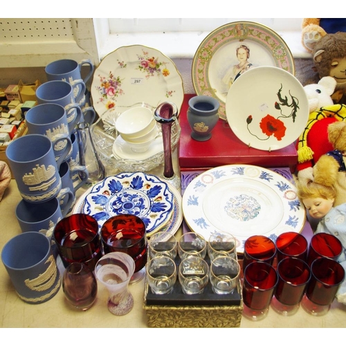 297 - Ceramics - Wedgwood blue jasper mugs, Royal Crown Derby posy pattern plates; Coalport; coloured glas... 