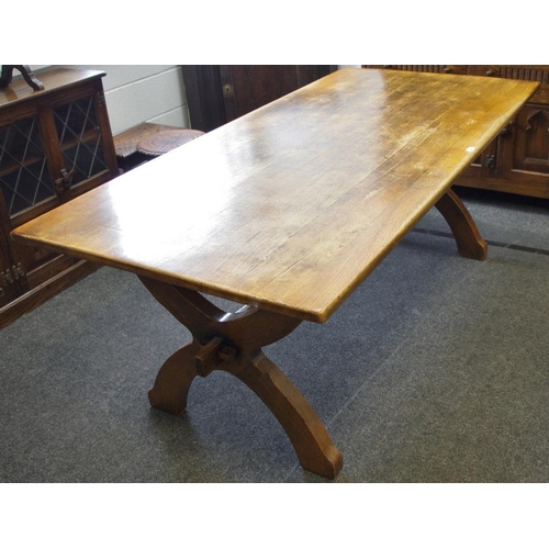 341 - A country kitchen oak trestle table, plank top, X-frame end supports. 74cm high x 94cm wide x 195cm ... 