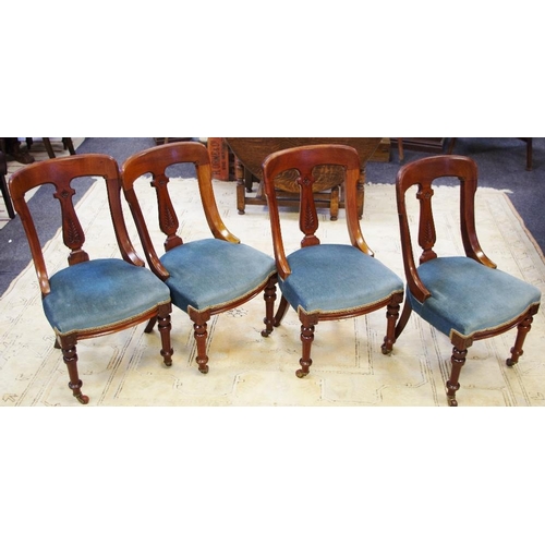 348 - Four Victorian mahogany dining chairs, curved top rail, shaped and carved splat, stuffed overseat, t... 