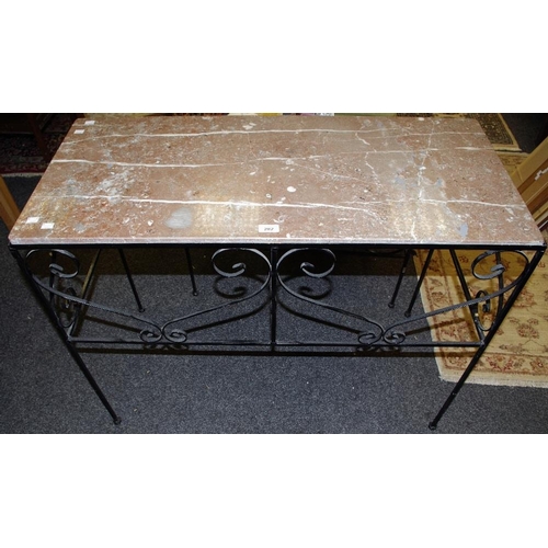 356 - A wrought iron side table, rouge marble top, 79cm high x 101cm long x 46.5cm wide; another, smaller,... 