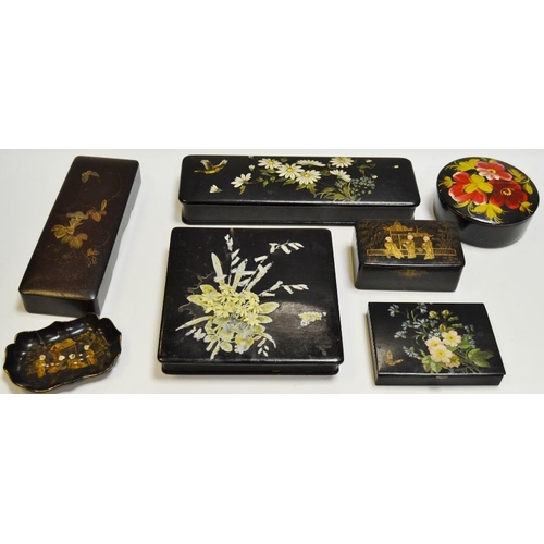 359 - Oriental lacquered boxes including glove box, cigarette, pin dish, etc (7)