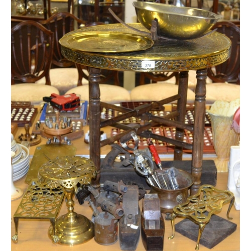 378 - Metalware - George III highly polished brass trivet, another 19th century; Salter scales; tools; etc... 