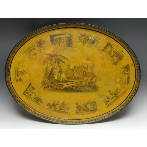 1700 - A large post-Regency toleware oval gallery tray, transfer printed in black with Picturesque and Moor... 