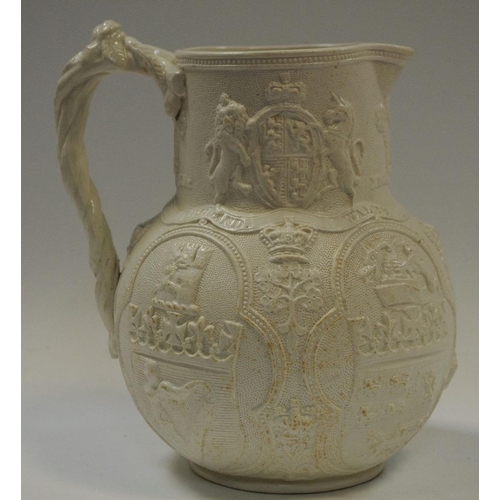 10 - A William Brownfield Cobridge relief moulded Albion jug, depicting the emblems of the Union, c.1863