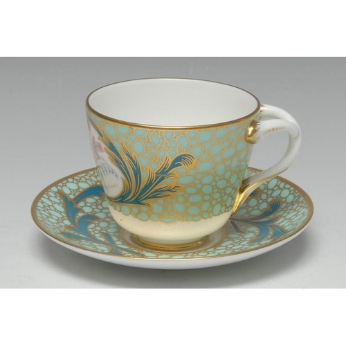 218 - A Lynton porcelain cabinet teacup and saucer, of Sèvres inspiration and goblet Hébert form, painted ... 