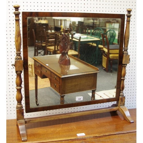 120 - A George III mahogany dressing mirror, rectangular plate, turned and blocked uprights.