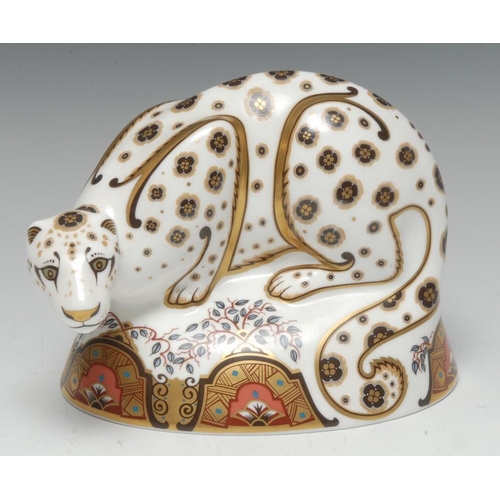 245 - A Royal Crown Derby paperweight, Snow Leopard, exclusively from Connaught House, printed mark, gold ... 