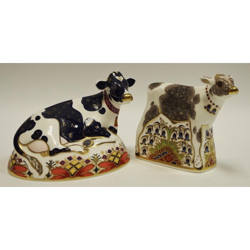 15 - A Royal Crown Derby paperweight Friesian Cow, gold stopper, 1st quality, boxed; another Bluebell Cal... 