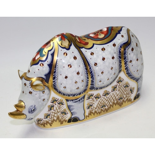 267A - A Royal Crown Derby paperweight, White Rhino, commissioned by Sinclairs, printed mark, gold stopper,... 