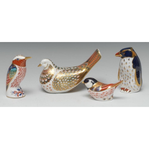 268 - A Royal Crown Derby paperweight, Dove, printed mark, gold stopper, boxed; others, Rockhopper Penguin... 