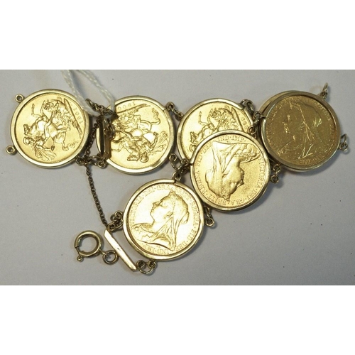 192 - Gold sovereign bracelet - seven sovereigns 1894,1898 x 2, 1899,1900, 1901 x 2,  66g gross