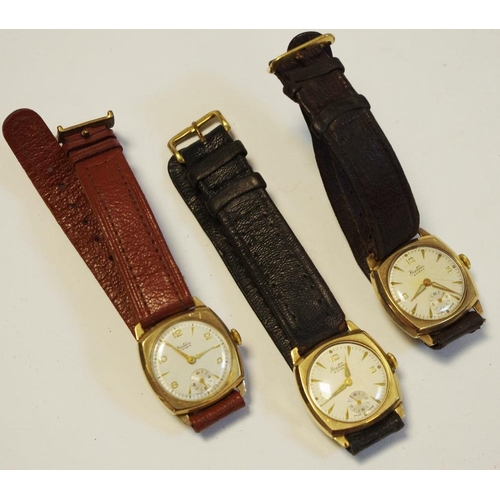 201 - Three 9ct gold Bentima Star gentleman's wristwatches, leather straps (3)