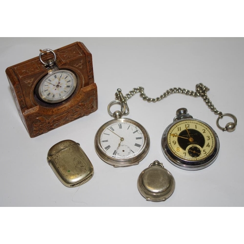 239 - A silver open face pocket watch and chain; a continental fob watch; vesta c.1895; a sovereign case e... 