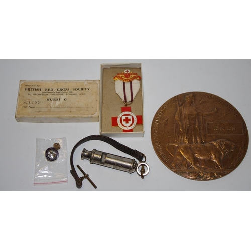 258 - Militaria - a WWI death plaque awarded to John Ross; Red Cross medal; ARP whistle etc.