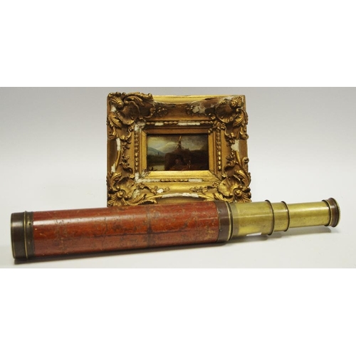 26 - A Victorian three draw telescope by T. Harris of London; After Rembrandt reverse painted glass panel... 