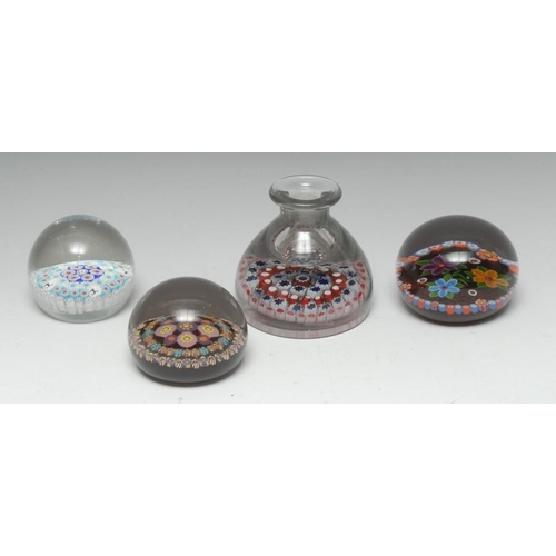 362 - A Stourbridge millefiori domed paperweight inkwell, with star canes in pink and blue, 9.5cm high,c.1... 