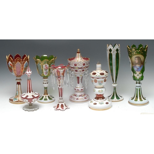 363 - A 19th century Bohemian cranberry and white overlaid lustre, 24cm high, c.1880; a similar pedestal g... 