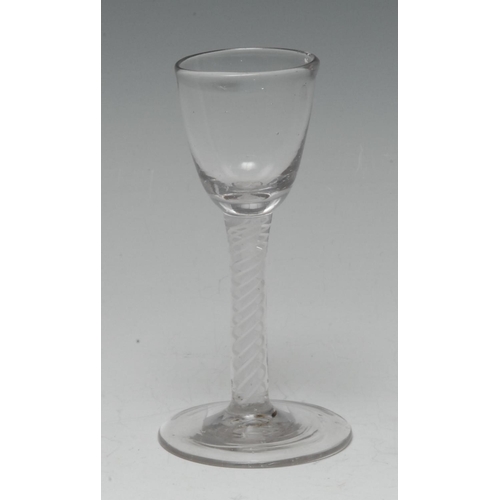 364 - A George III opaque twist cordial glass, of small proportions, double-helix stem, spreading circular... 