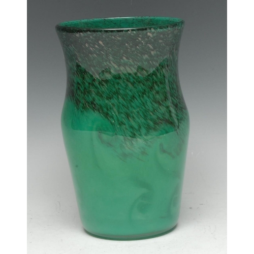 366 - A Strathearn Glass baluster vase, mottled dark green with aventurine inclusions and various whorls, ... 