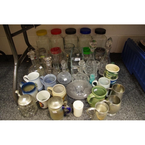 278 - Ceramics and glass - various pottery beer mugs and tankards; branded pint pots; a mallet shaped deca... 