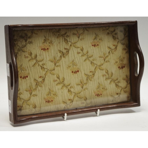 28 - A small two handled tray with silk embroidery to base.