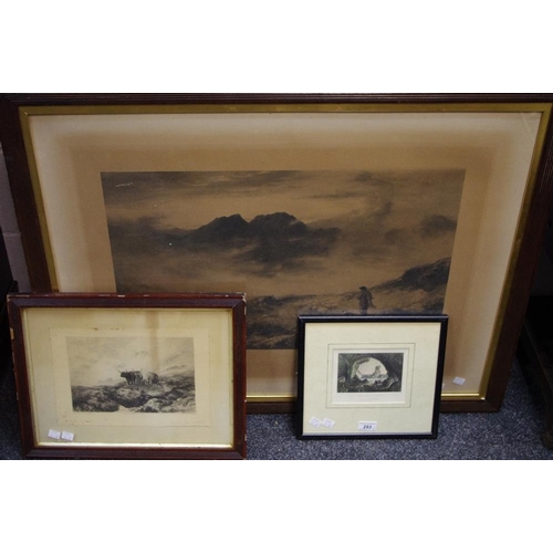 293 - A framed etching Evening mists - Isle of Skye J MacWhirter published by Arthur Lucas; another Caledo... 