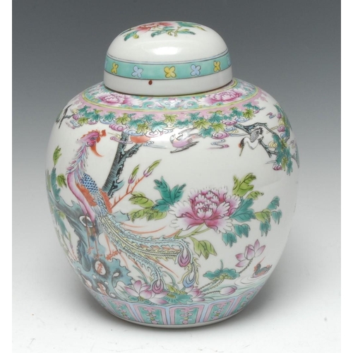 413 - A 19th century Chinese Famille Verte ovoid ginger jar and cover, decorated with fanciful bird with p... 