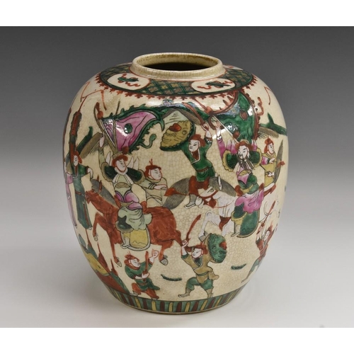 415 - A 20th century Chinese polychrome ginger jar, decorated with warriors, 26cm high, four character mar... 