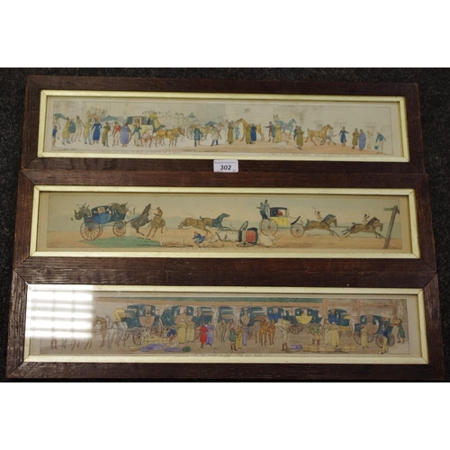 302 - A set of three 19th century coaching prints, oak frames