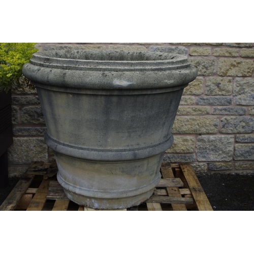 314 - A large pair of composite planters of ribbed krater shape. 83cm high.*** PLEASE NOTE THE SUCCESSFUL ... 