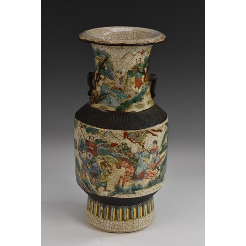 431 - A Chinese crackle glaze vase, decorated in polychrome with warriors in a landscape, dark bands in re... 